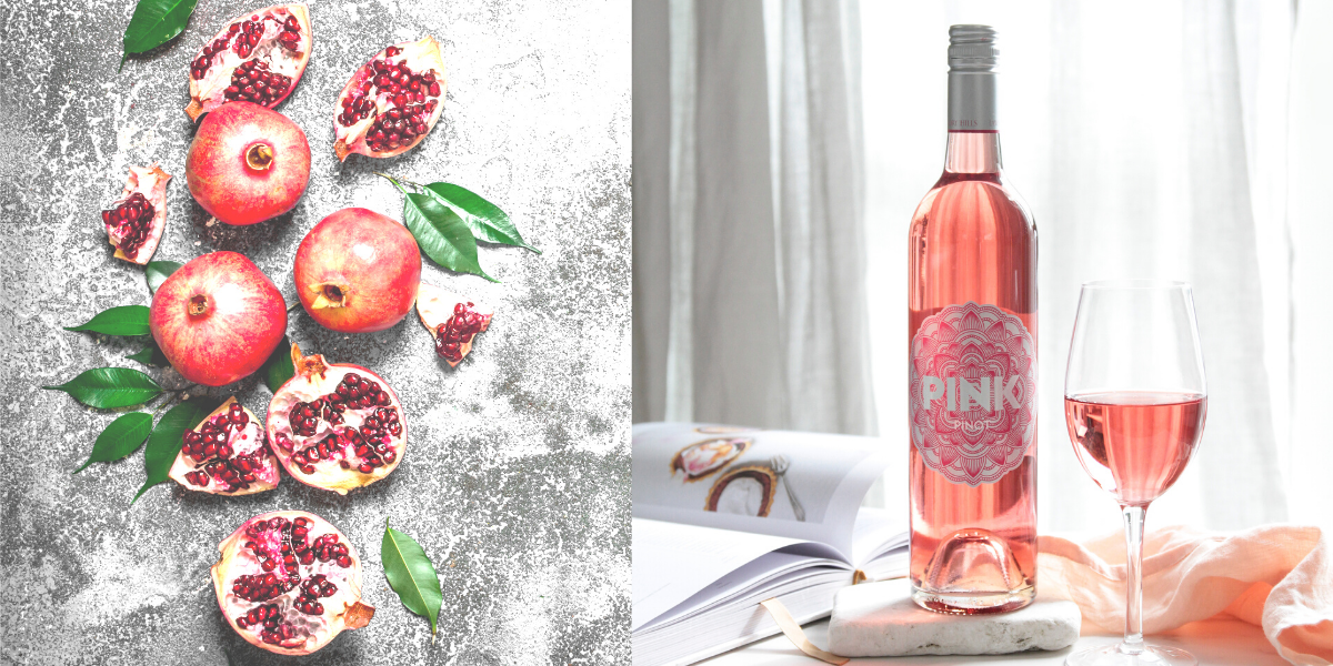PINK Pinot bottle and pomegranate image